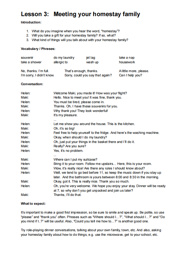 Lesson 3: Meeting your homestay family