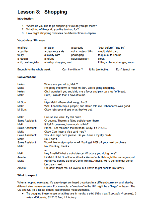 Lesson 8: Shopping
