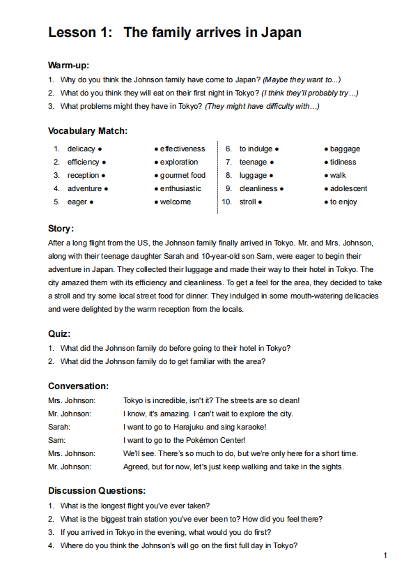 Lesson 1: The family arrives in Japan