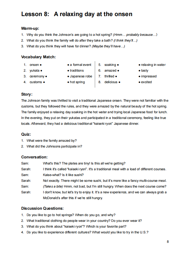 Lesson 8: A relaxing day at the onsen